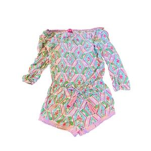 MACBETH COLLECTION Pink Green Off The Shoulder Long Sleeve Romper